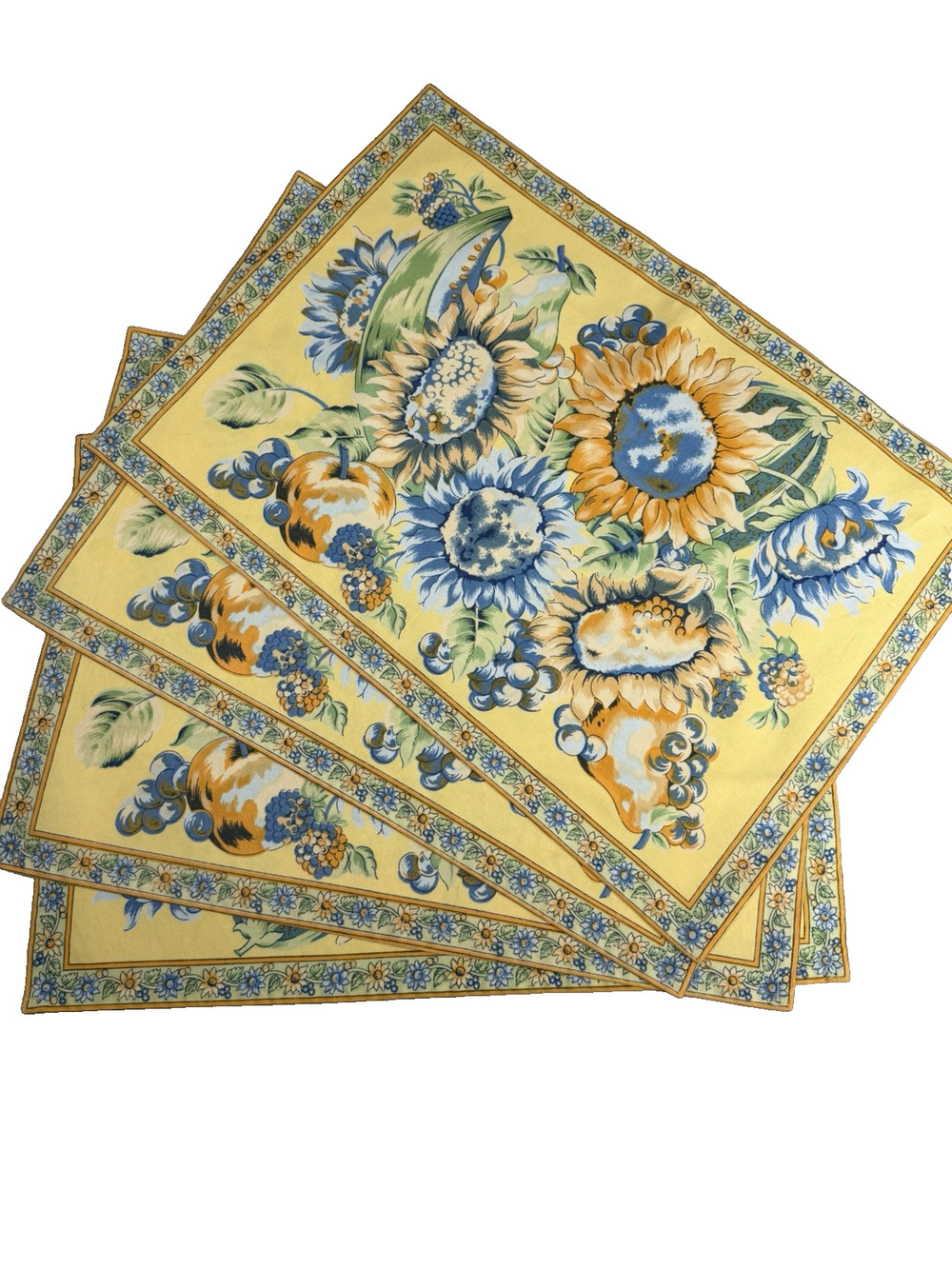 April Cornell Sunflower Set of 4 Cotton Placemats Yellow Blue Multi Floral